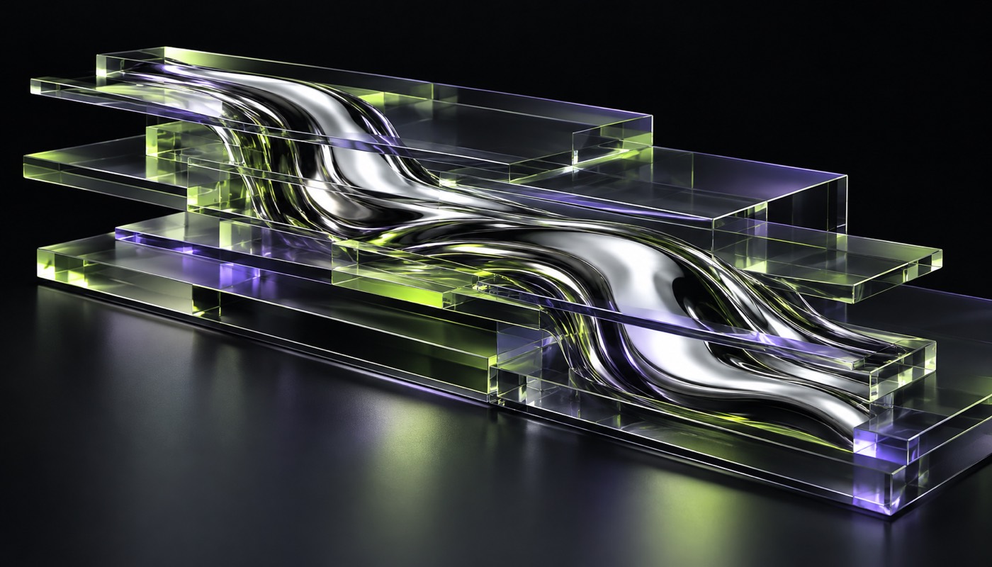 Abstract render of layered glass planes with a flowing chrome stream